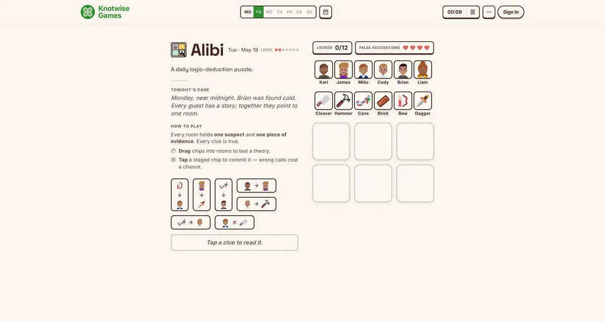 Alibi game board before the first move