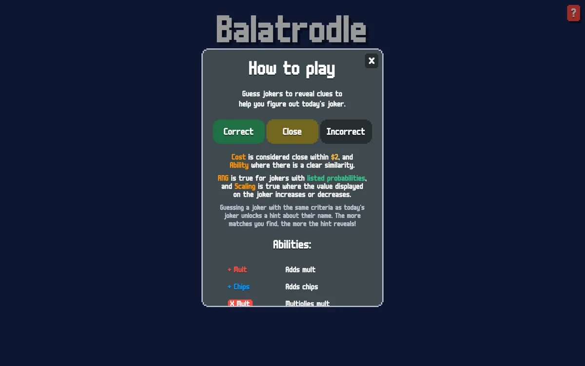 Balatrodle game board before the first move