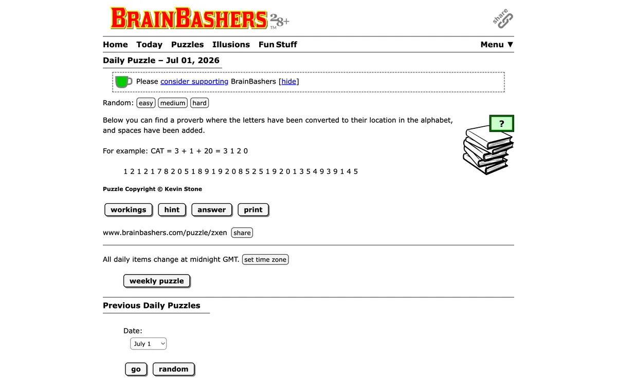 BrainBashers Daily Puzzle game board before the first move