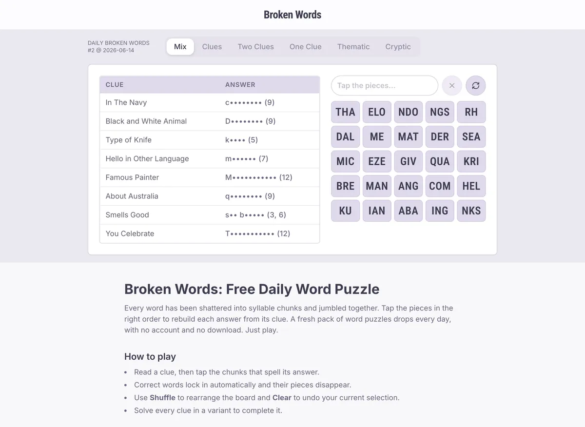 Broken Words game board before the first move