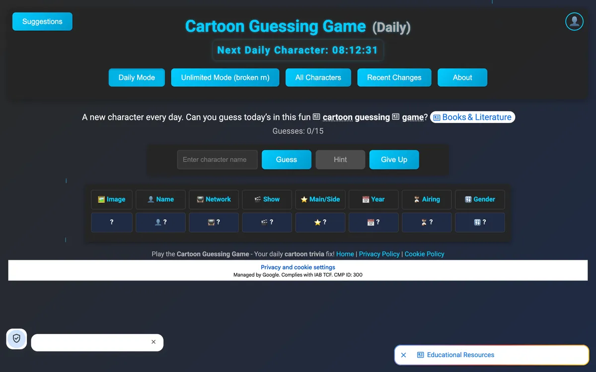 Cartoonguessr game board before the first move