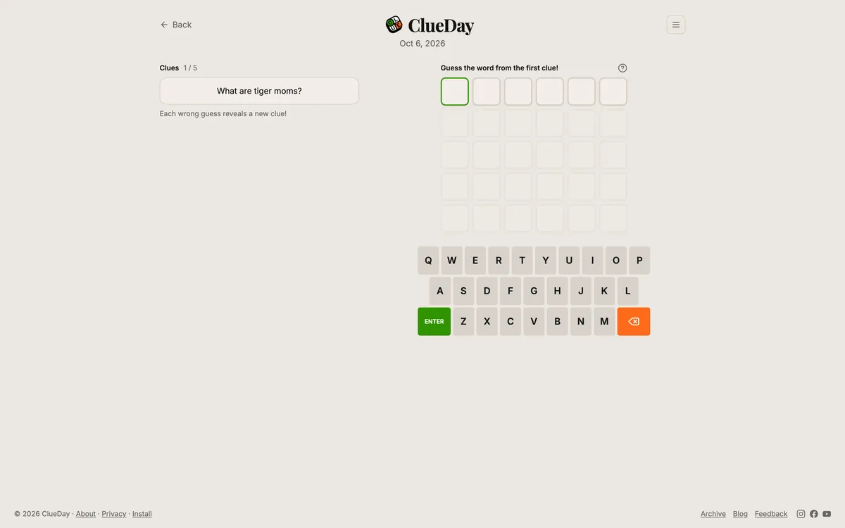 ClueDay game board before the first move