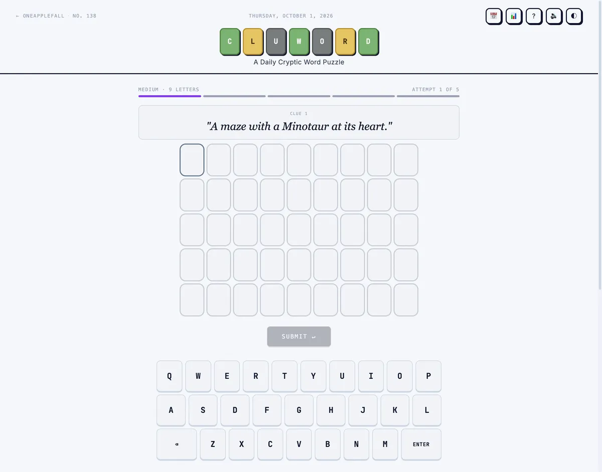 Cluword game board before the first move