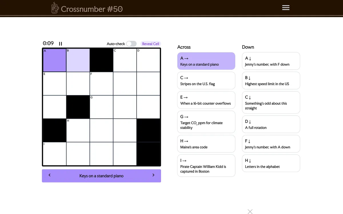 Crossnumber game board before the first move