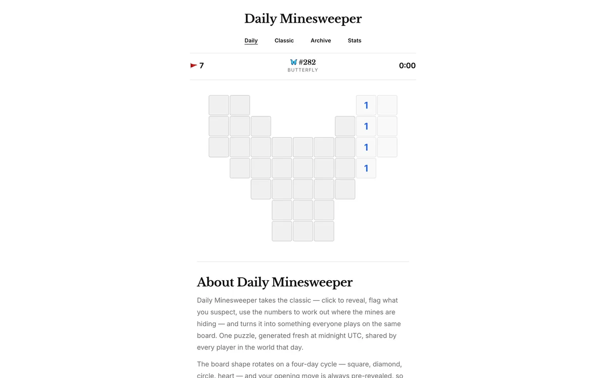 Daily Minesweeper game board before the first move