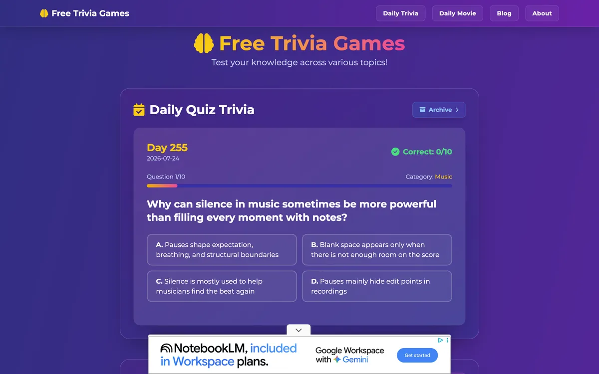 Free Trivia game board before the first move