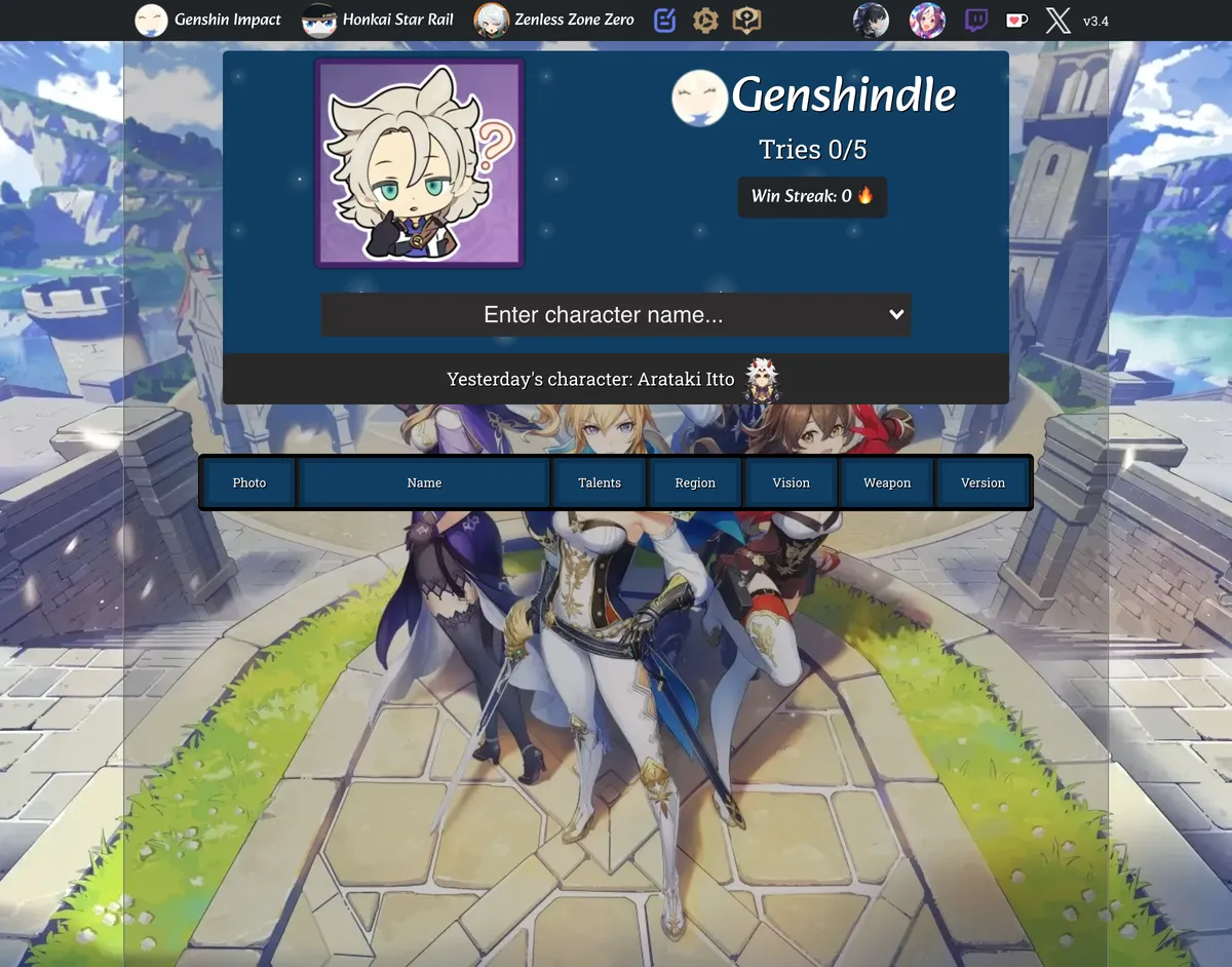 Genshindle game board before the first move