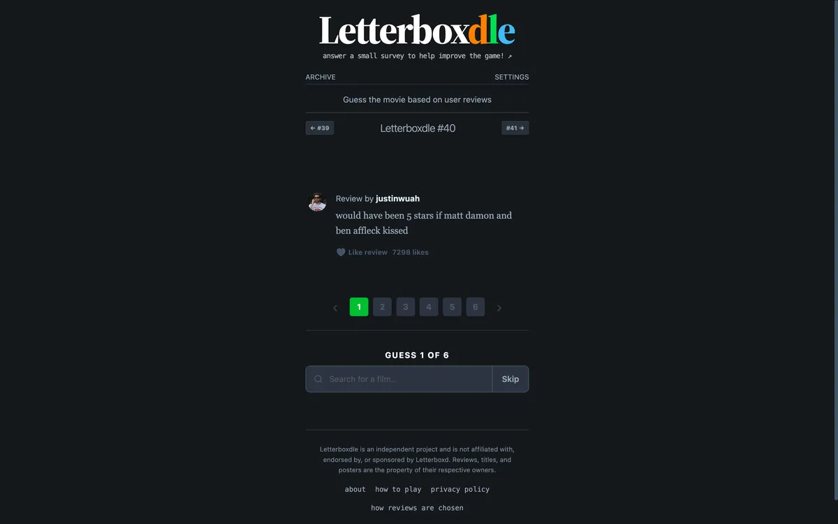 Letterboxdle game board before the first move