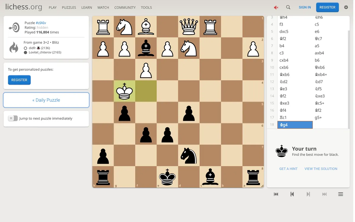lichess.org Daily Puzzle game board before the first move