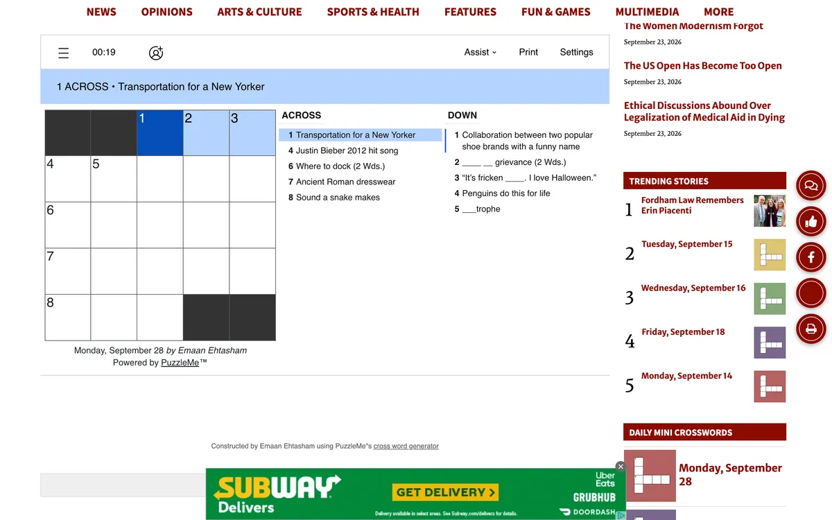 Mini Crossword (The Observer) game board before the first move