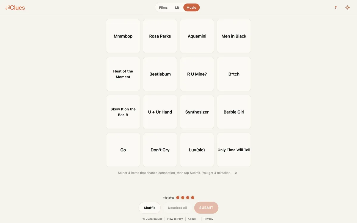 Music Clues game board before the first move