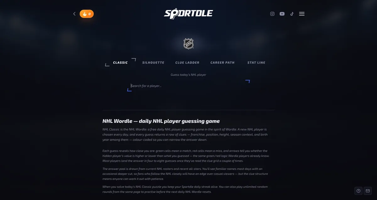 NHL Sportdle game board before the first move