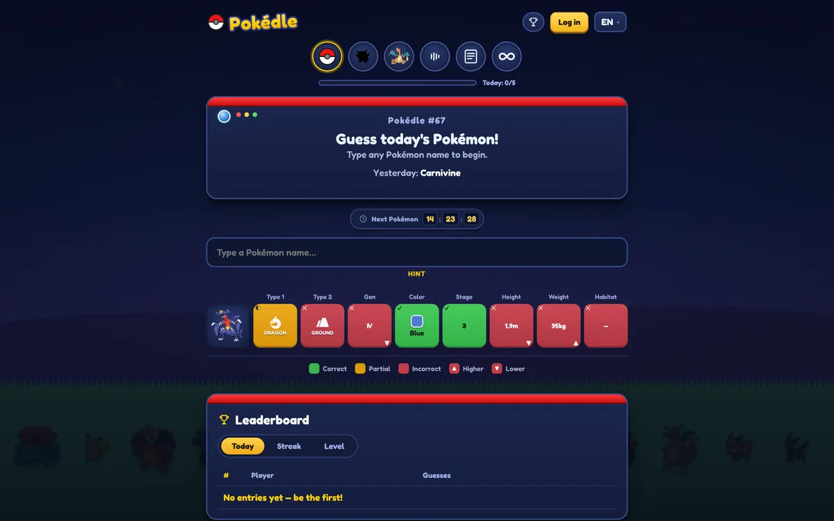 Pokedle Today game board before the first move