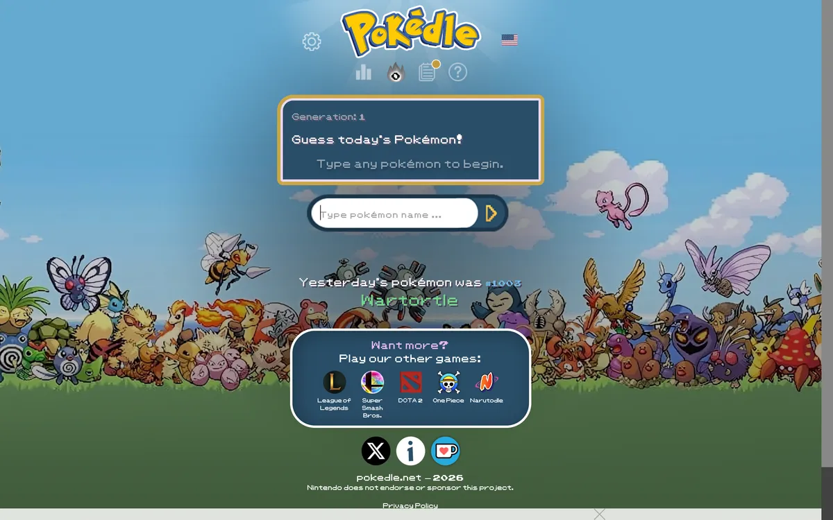 Pokedle game board before the first move