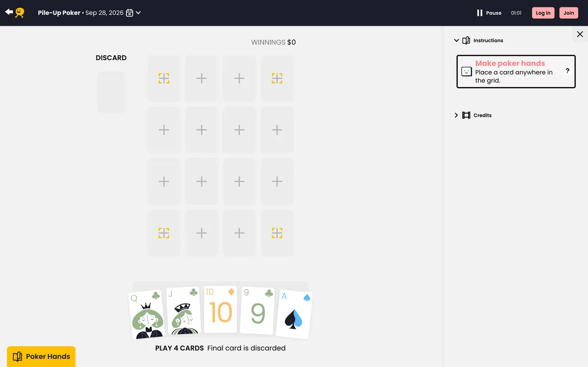 Puzzmo - Pile-Up Poker game board before the first move