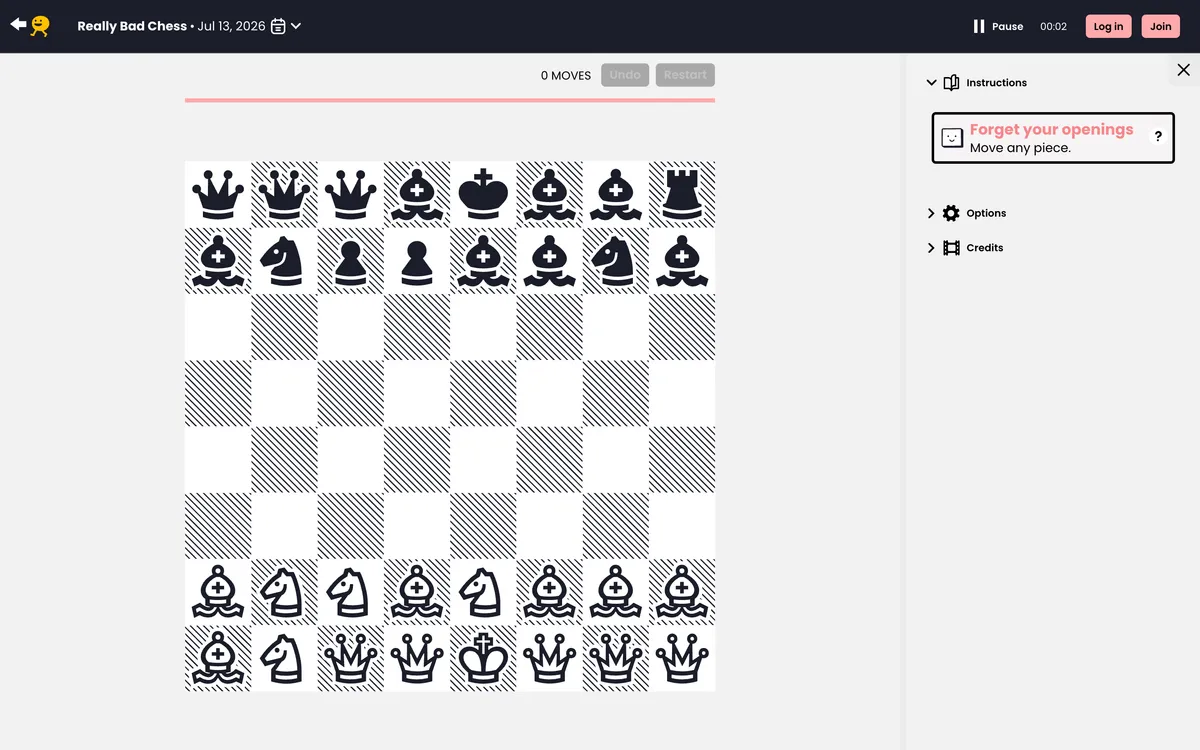 Puzzmo - Really Bad Chess game board before the first move