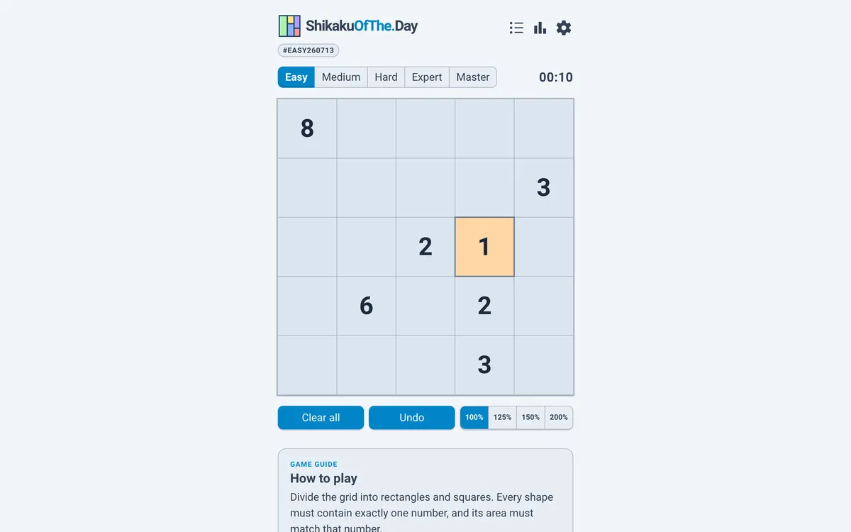 Shikaku of the day game board before the first move