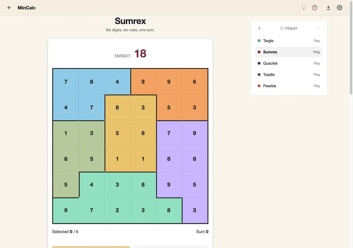 Sumrex game board before the first move