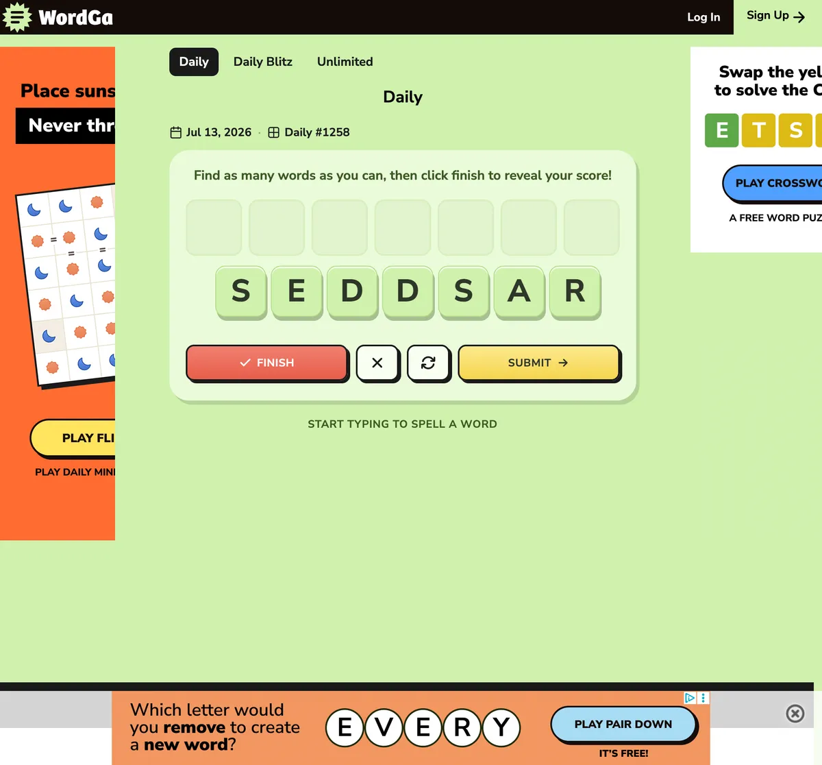 Wordga game board before the first move